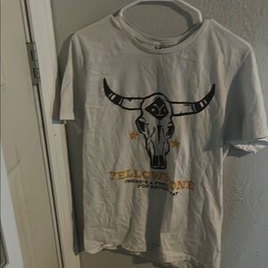 White Yellowstone Graphic Tee with Bull Skull Design